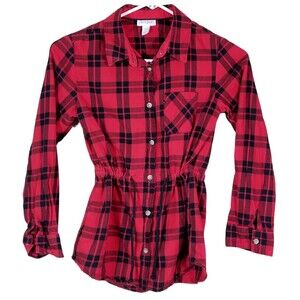 Girl's Christmas Red Black Plaid Tunic Girl's Long Sleeve Shirt Lg 10-12 Buttons